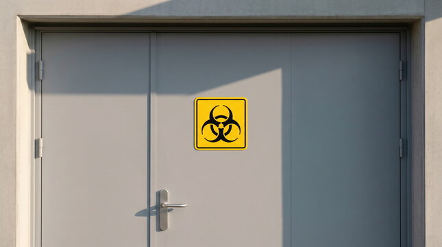 Biohazard warning symbol sign on security double doors, concrete building exterior, containment and public safety awareness.