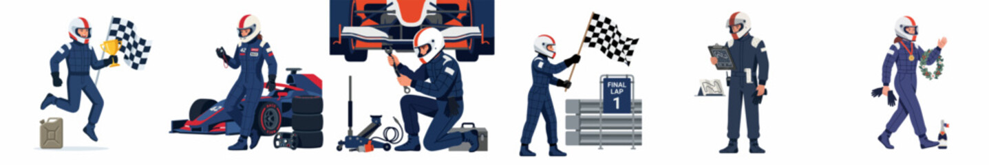 Fototapeta premium Professional Race Car Driver Illustrations Set Featuring Victory Celebrations, Car Maintenance, and Racing Preparation Scenes