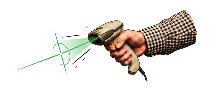 Barcode scanner laser targeting, hand pointing retail barcode scanner reader emitting green crosshairs laser targeting line. Supermarket checkout POS inventory on transparent background.