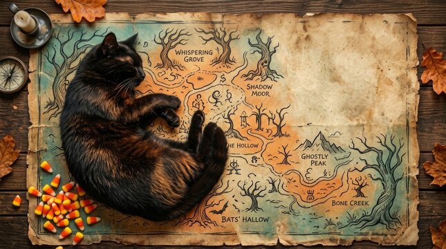 Black Cat on Vintage Fantasy Map