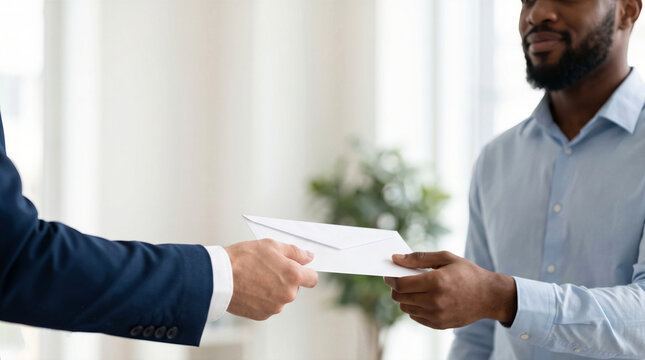 Businessman handing a white envelope with a bonus or salary to a smiling employee 