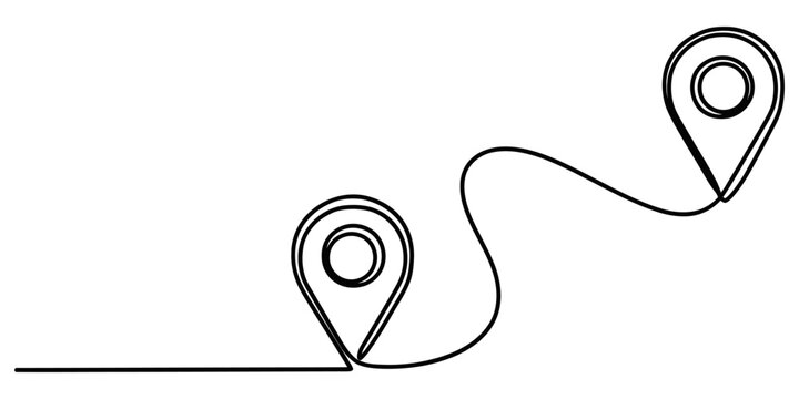 Continuous single line drawing of two map location pins connected by a path representing travel distance and navigation route concept