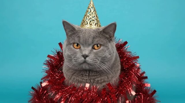 Grumpy cat wearing a party hat and red tinsel