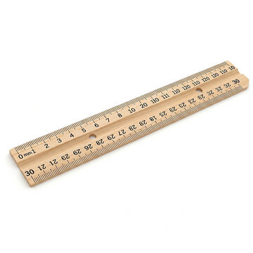 Wooden ruler with metric and imperial measurements isolated on white background