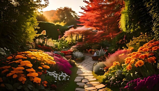 Beautiful autumn garden path with vibrant flowers and warm sunset light.
