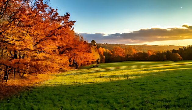 Beautiful Autumn Landscape with Golden Sunlight and Vibrant Fall Foliage.