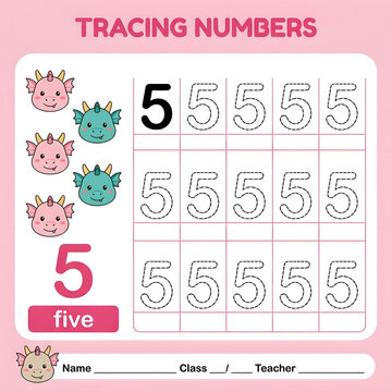 Tracing numbers five worksheet for preschool children featuring cute little dragon cartoons