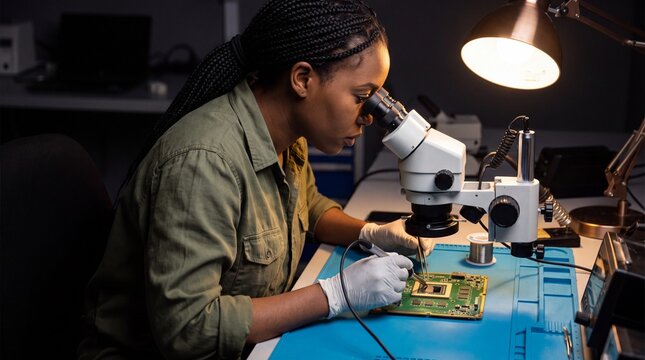 Electronics engineer soldering a circuit board under a microscope at a workbench