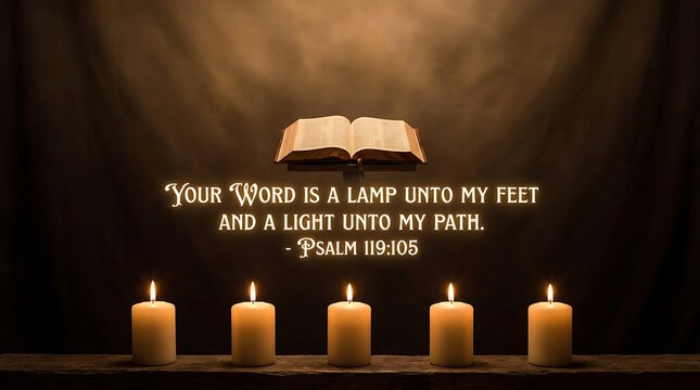 Open Bible hovers above five lit candles featuring the verse from Psalm 119:105 on a dark background.