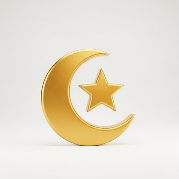 3d render of a golden crescent moon and star symbol isolated on white background, representing islamic culture and ramadan celebration