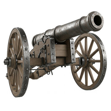 Vintage historical cannon on wooden carriage isolated on white background