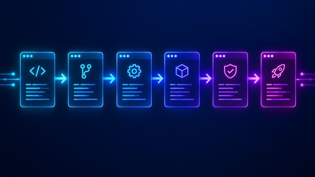Neon glowing digital workflow sequence illustrating software development lifecycle security and product launch pipeline