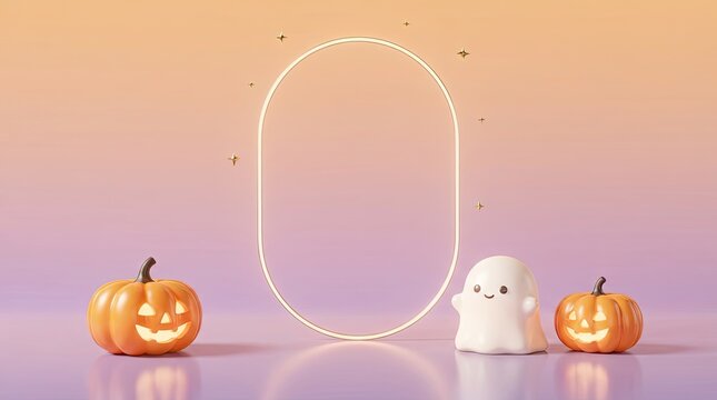 Halloween background with a central oval frame pumpkins and a cute ghost on a soft purple gradient