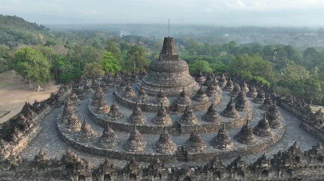 Aerial view of Borobudur Temple in Yogyakarta, Java, Indonesia at sunrise.