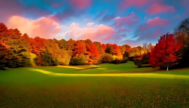Beautiful autumn sunset over a serene golf course landscape.