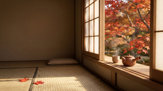 Traditional Japanese room with an autumn maple garden view and tea on a wooden window ledge