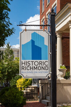 Richmond, Virginia, USA  A promotional sign at an old house says Historic Richmond on East Main Street.