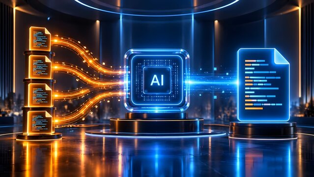 Futuristic AI processor managing digital document data flow. Glowing circuit chip automating information processing and machine learning analytics in a dark high-tech environment.