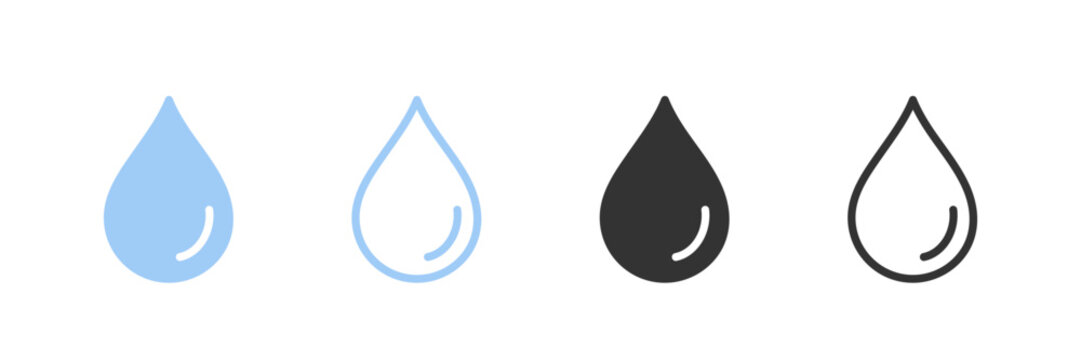 Simple water drop icon in clean minimalist solid and outline styles, water droplet symbol, vector illustration