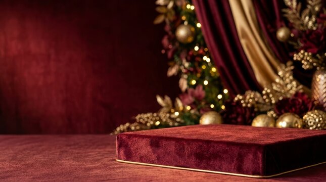 Velvet pedestal displaying luxury items against festive holiday backdrop with gold ornaments