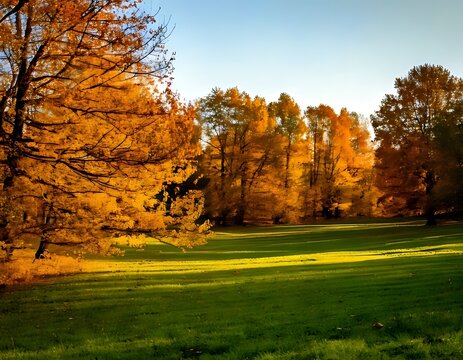 Beautiful Golden Autumn Forest Scene with Sunlight on Green Grass.