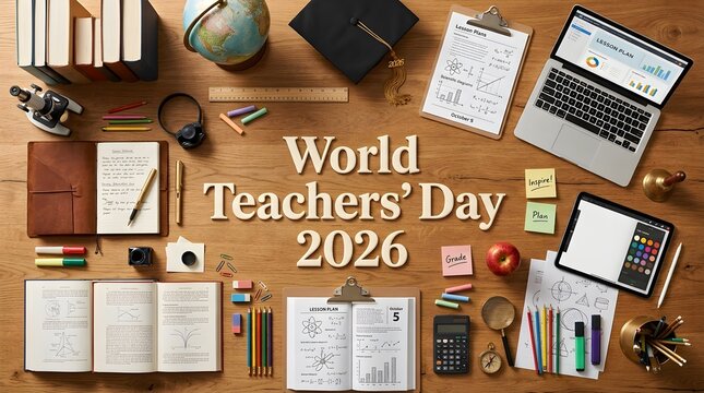 Top view wooden desk setup for World Teachers Day 2026