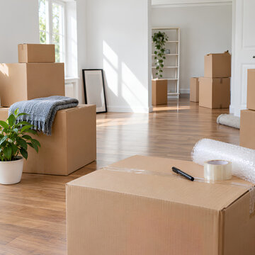 Sunlit empty home with cardboard boxes, packing tape, bubble wrap and a folded blanket. Clean moving day scene for relocation, storage and new home concepts.