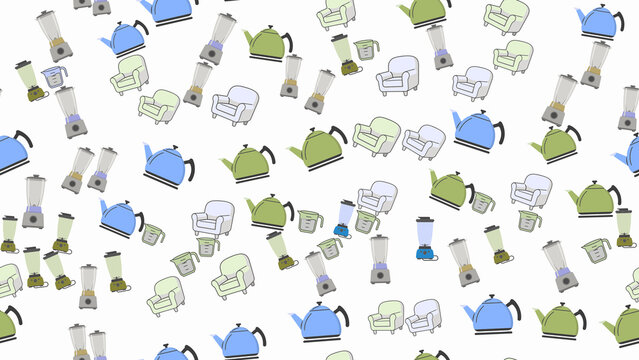 Pattern of teapots, blenders, armchairs, and measuring cups