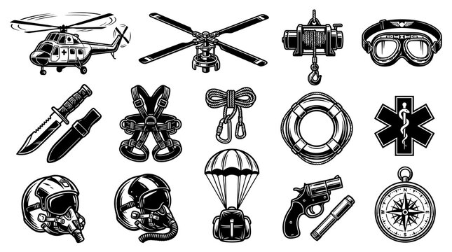 Black and White Line Art Set of Survival and Rescue Gear Icons