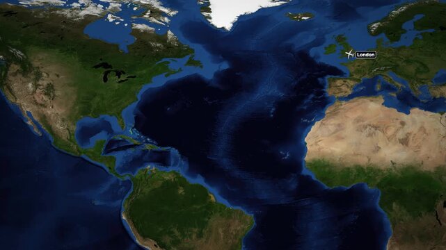 Animated Satellite Map Showing Flight Path from London to Denver Colorado