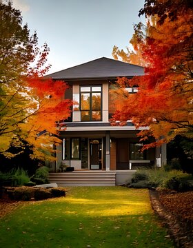 Beautiful modern home exterior surrounded by vibrant autumn trees.