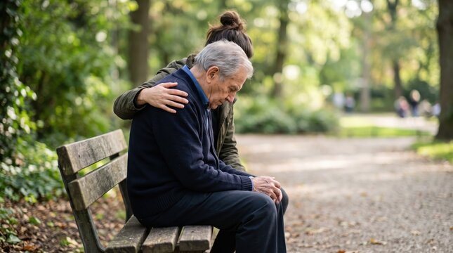 Sad elderly man sitting on park bench comforted by young woman, emotional support for senior depression, grief counseling, mental health awareness, family care concept