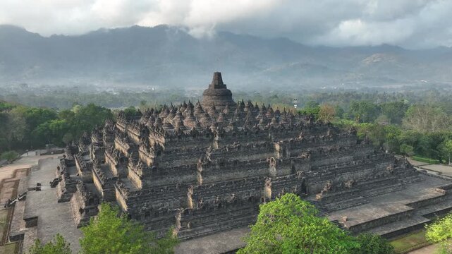 Aerial view of Borobudur Temple in Yogyakarta, Java, Indonesia at sunrise.