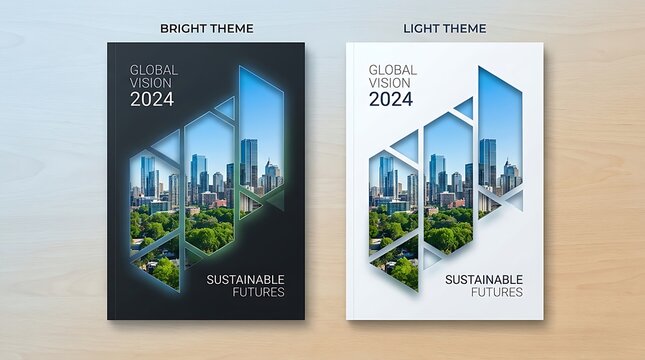 Two brochure cover templates with city skyline cutouts displayed on a light wooden background surface with cover designs with cutouts presented