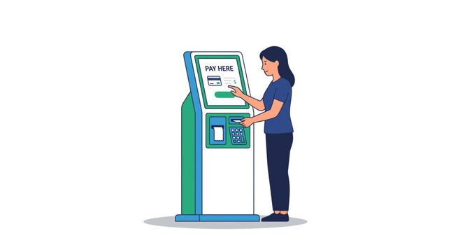 Woman using self-service payment kiosk, isolated on transparent background