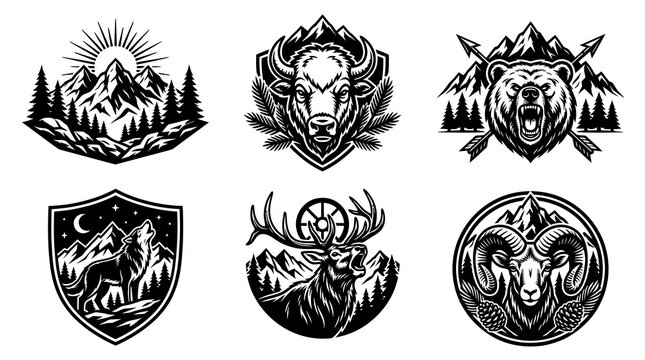 Black  White Mountain Animal Emblems: Bison, Bear, Wolf, Deer, Ram