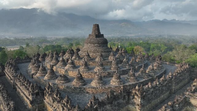 Aerial view of Borobudur Temple in Yogyakarta, Java, Indonesia at sunrise.
