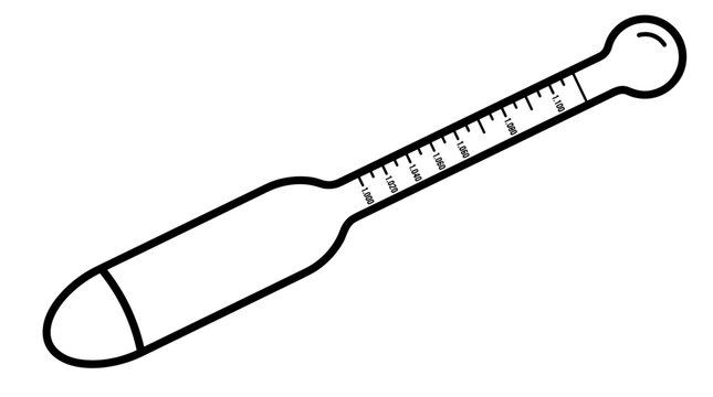 Black line art illustration of a hydrometer with measurement scale, isolated on white background