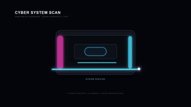 Premium dark cyber motion graphic featuring a matte black futuristic device, electric blue and neon fuchsia rim lighting, a cinematic laser scan, controlled glow emission, and a precise returning scan