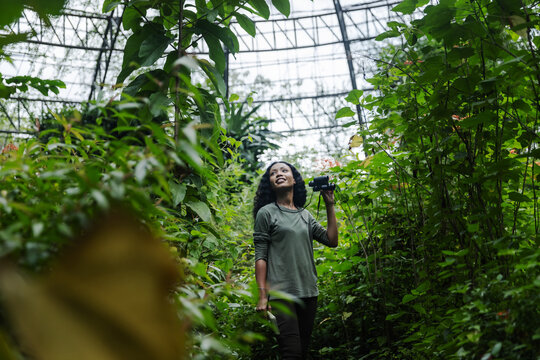 Woman Exploring Nature with Binoculars Inside a Tropical Botanical Dome