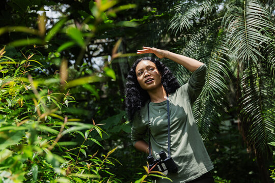 Woman Shading Her Eyes and Looking Up While Exploring a Tropical Garden