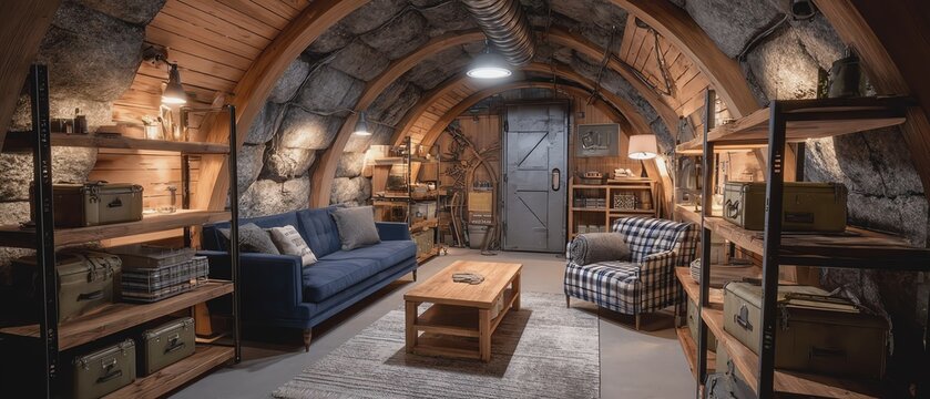 Cozy underground living space with wooden shelves