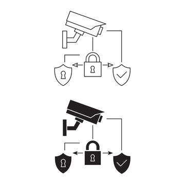 CCTV security camera with padlock shield icon set for protection system.