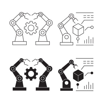 Industrial robotic arm vector icon set for smart factory and automation.