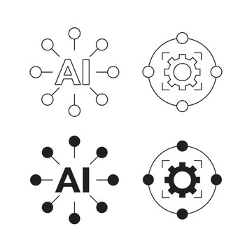 AI artificial intelligence central hub and gear processing icon set.