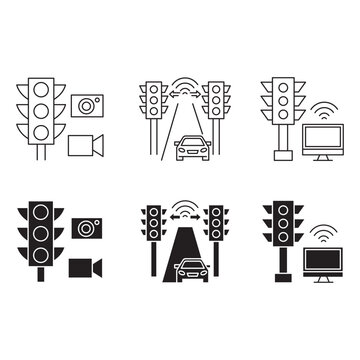 Smart traffic light and CCTV camera icon set for intelligent transport.