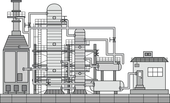 Industrial processing plant line art with distillation columns, tanks, pipelines, valves, pumps, and mechanical equipment
