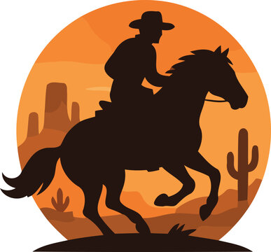 Cowboy Riding Horse Silhouette Vector Illustration Isolated on White Background, Western Rider and Equestrian Animal Design