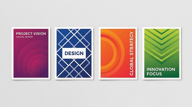 Four vertical brochure covers with colorful geometric patterns and text arranged on a plain background with rectangular booklets gradient