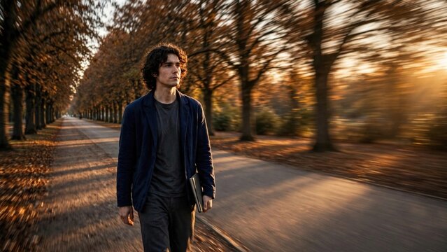 Contemplative Man Walking Through Golden Hour Tree Avenue